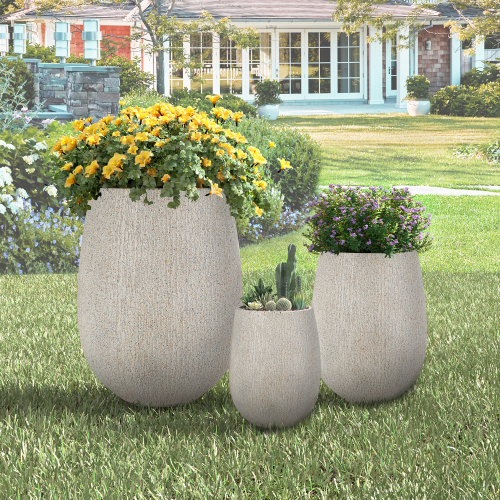 Set of 3 Gray Egg-Shaped Magnesium Oxide Planters with Drainage