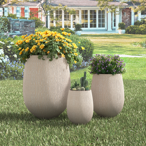 Beige Egg-Shaped Magnesium Oxide Planters with Drainage, Set of 3