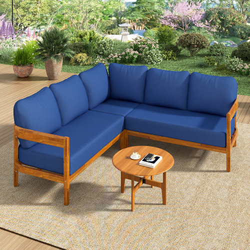 79.13-Inch Blue Acacia Solid Wood Patio Set with 6 Soft Cushions
