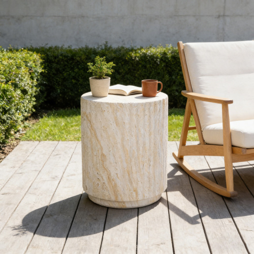 Wave Design Magnesium Oxide Outdoor Side Table, Beige & Yellow