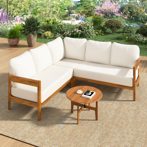 79-Inch White Acacia Solid Wood Patio Conversation Set with 6 Cushions