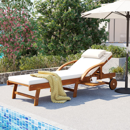 77.5-Inch Beige Acacia Wood Adjustable Outdoor Lounge Chair