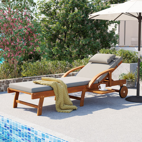 77.5-Inch Gray Acacia Wood Adjustable Outdoor Lounge Chair