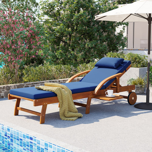 77.5-Inch Navy Blue Acacia Wood Adjustable Outdoor Lounge Chair