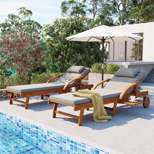 Set of 2 Gray 77.5-Inch Acacia Wood Outdoor Lounge Chairs