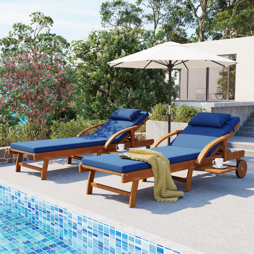 Set of 2 Navy Blue 77.5-Inch Acacia Wood Outdoor Lounge Chairs