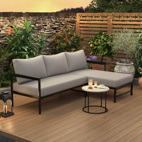 Gray 3-Seat L-Shaped Patio Sofa with Iron Frame and Thick Cushions