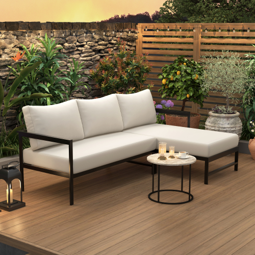Beige 3-Seat L-Shaped Iron Patio Sofa Set with Thick Cushions