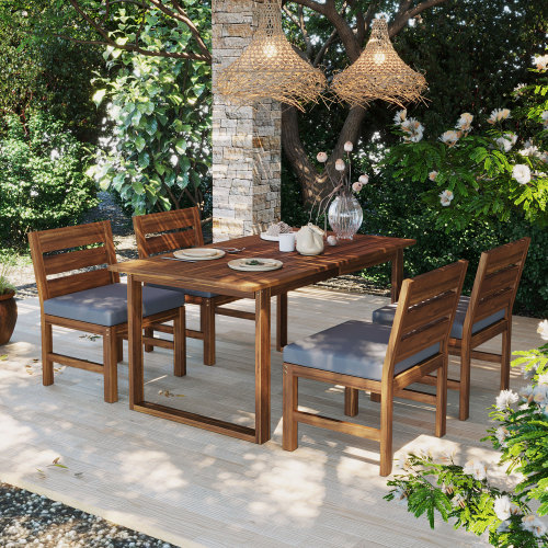 Gray 5-Piece Acacia Wood Outdoor Dining Set for 4 with Cushions