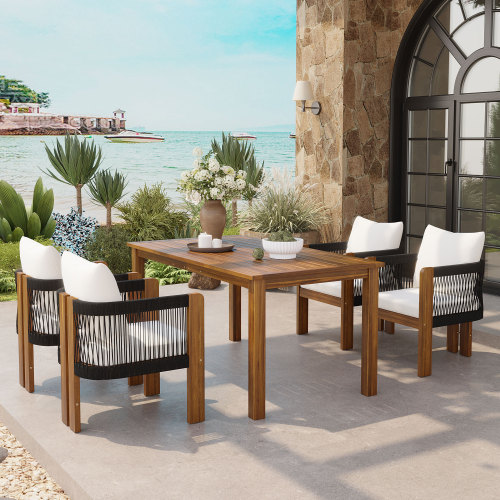 5-Piece Brown Acacia Wood Patio Dining Set with Rope Chairs