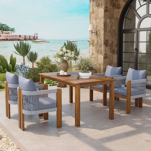 Gray 5-Piece Acacia Wood Outdoor Dining Set with Rope Chairs