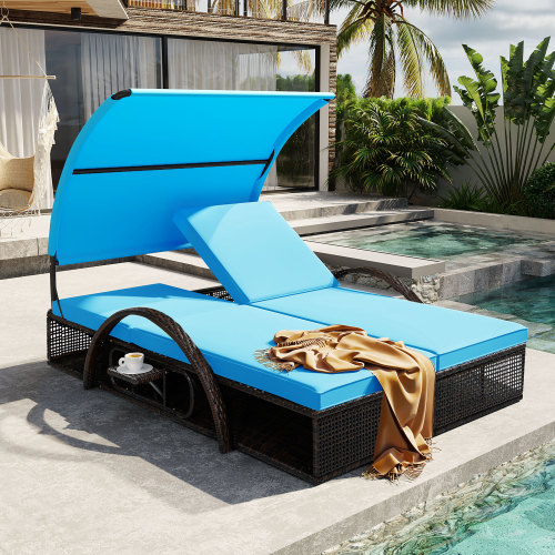 72.83-Inch Blue HDPE & Steel Double Sun Lounger with Adjustable Backrest