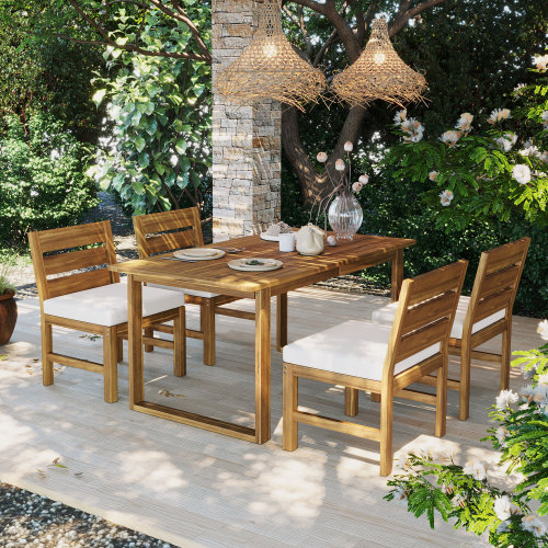 Natural Acacia Wood 5-Piece Patio Dining Set with Cushions for 4