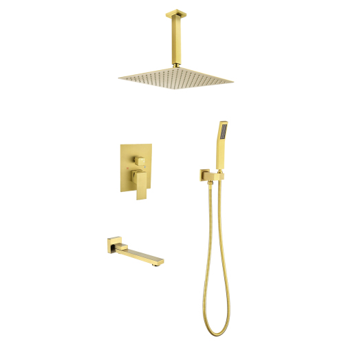16-Inch Brushed Gold Brass Shower System with Hand Shower and Tub Spout