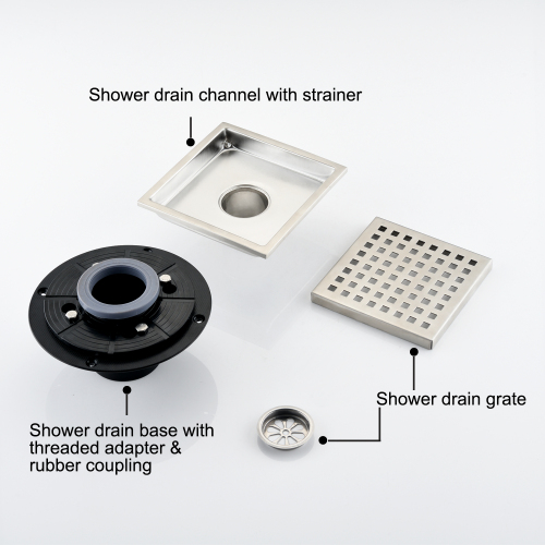 6-Inch Square Stainless Steel Shower Drain in Brushed Nickel