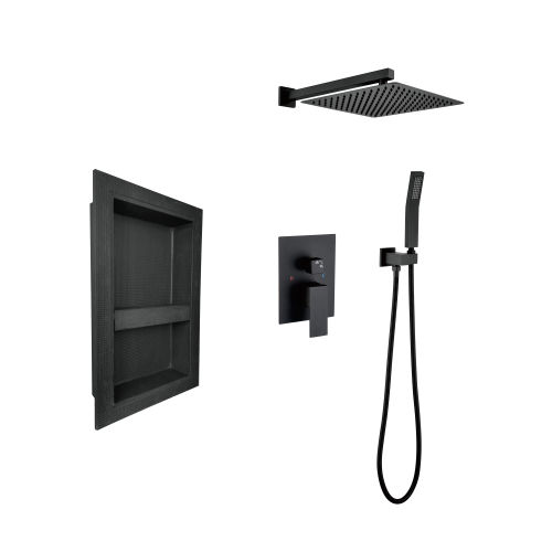 Matte Black Brass Shower System with Hand Shower, Valve and Niche