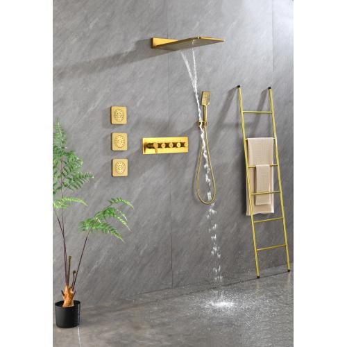 Wall Mounted Waterfall Rain Shower System With 3 Body Sprays & Handheld Shower - Gold - brass