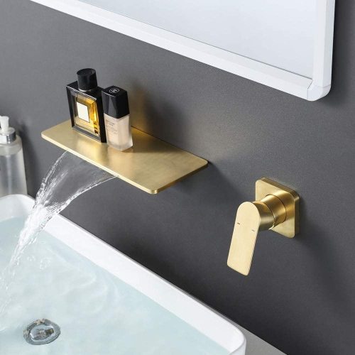 Gold Brass Waterfall Bathroom Sink Faucet, 11.8 x 4.8 x 16 In.
