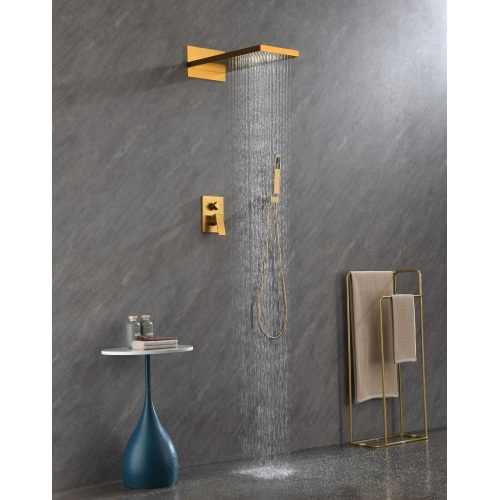 Gold Brass Wall-Mounted Waterfall Rain Shower System with Handheld