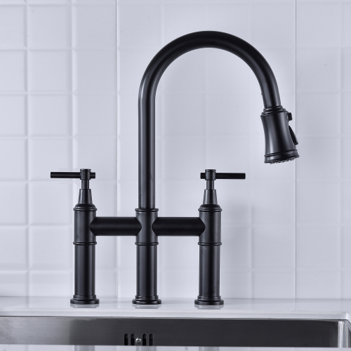 Matte Black Brass Bridge Kitchen Faucet with Pull-Down Sprayhead