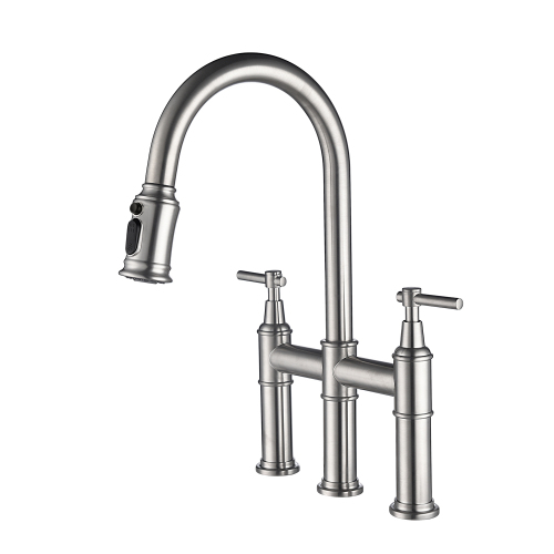 Brushed Nickel Brass Bridge Kitchen Faucet with Pull-Down Sprayhead