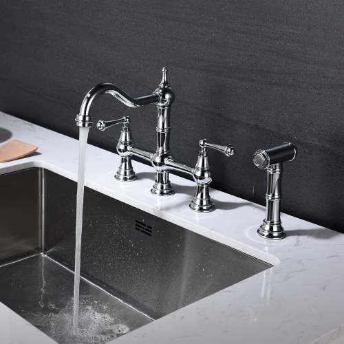 Chrome Brass Bridge Kitchen Faucet with Dual Handles and Pull-Out Spray