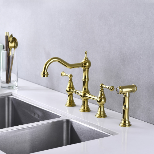 Gold Brass Bridge Kitchen Faucet with Dual Handles and Pull-Out Spray