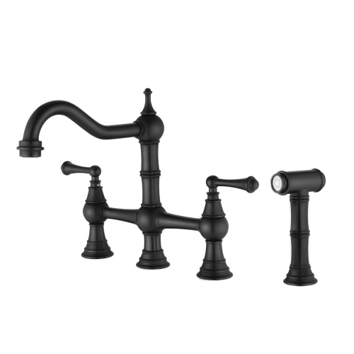 Matte Black Brass Bridge Kitchen Faucet with Pull-Out Side Spray