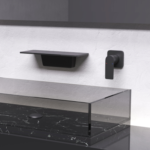 Matte Black Brass Waterfall Bathroom Sink Faucet, 16-Inch Height