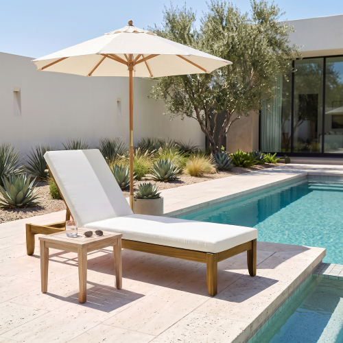 Natural Acacia Wood Adjustable Patio Chaise Lounge with Beige Cushion