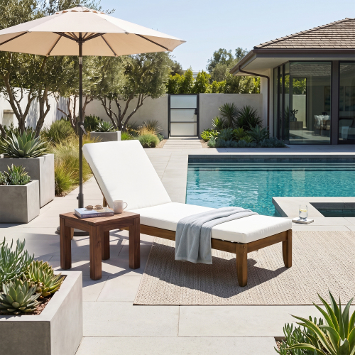 Adjustable Walnut Acacia Wood Patio Chaise Lounge with Beige Cushion