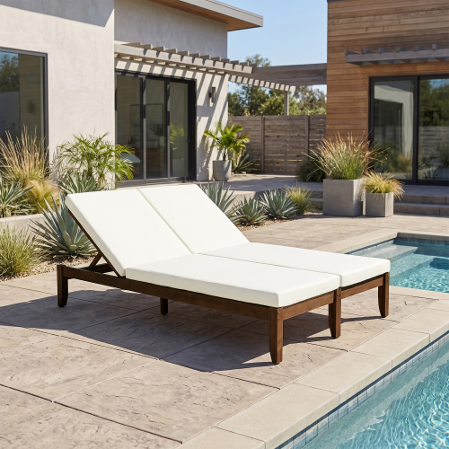 Beige & Walnut Acacia Wood Adjustable Double Patio Chaise Lounge
