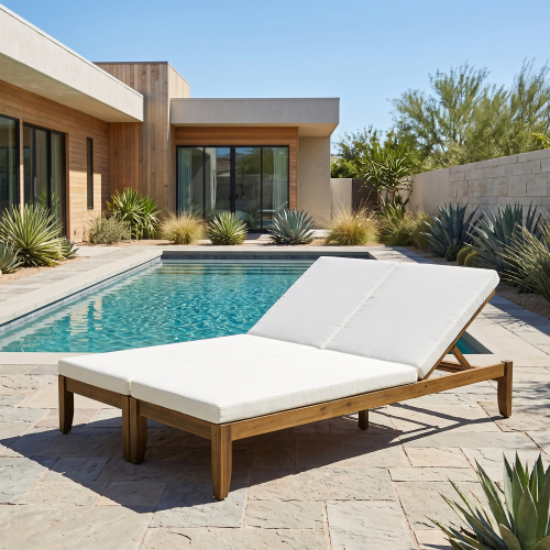 Natural Acacia Wood 2-Seat Patio Chaise Lounge with Beige Cushions