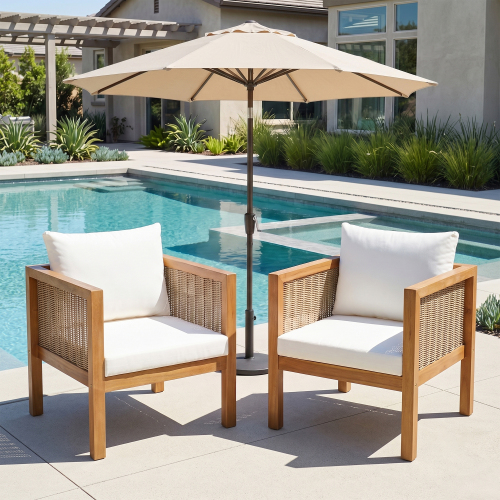 2-Piece Natural Acacia Wood Patio Armchair Set with Beige Cushions