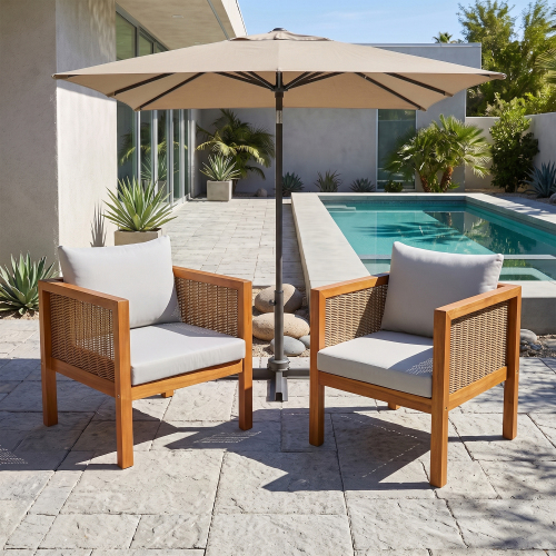 2-Piece Natural Acacia Wood Patio Armchair Set with Grey Cushions