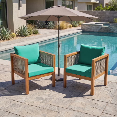 2-Piece Natural Acacia Wood Patio Armchair Set with Green Cushions