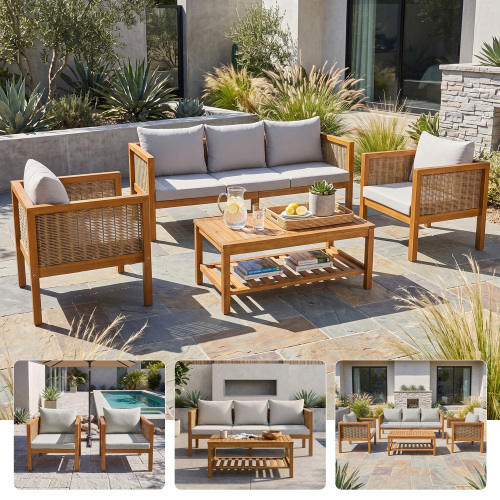 4-Piece Acacia Wood Patio Sofa Set for 5 with Gray Cushions