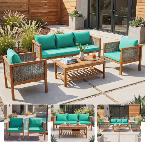 4-Piece Acacia Wood Patio Sofa Set with Green Cushions, Seats 5