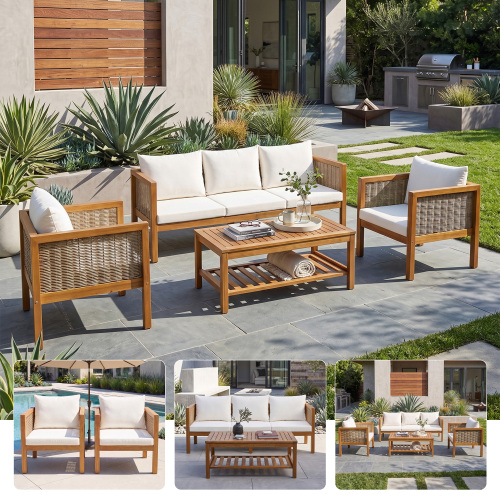 4-Piece Acacia Wood Patio Sofa Set for 5 with Beige Cushions