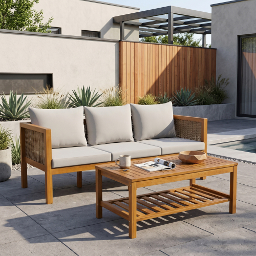 3-Seat Acacia Wood Outdoor Sofa and Coffee Table Set, Grey Cushions