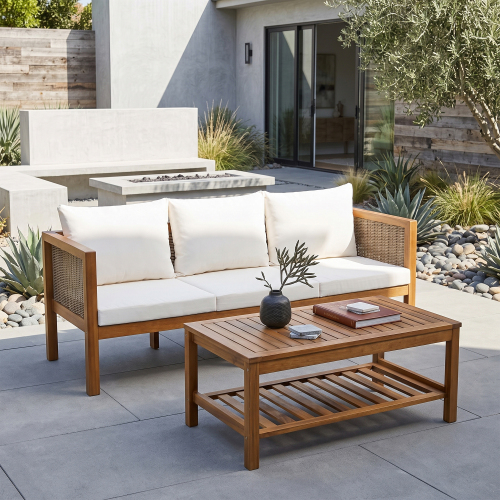 3-Seat Acacia Wood Patio Sofa & Coffee Table Set with Beige Cushions
