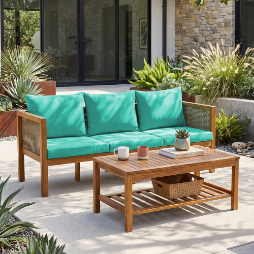 3-Seat Acacia Wood Patio Sofa and Table Set with Green Cushions