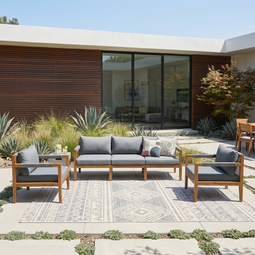 Grey 3-Piece Rope-Woven Acacia Wood Outdoor Sectional Sofa Set