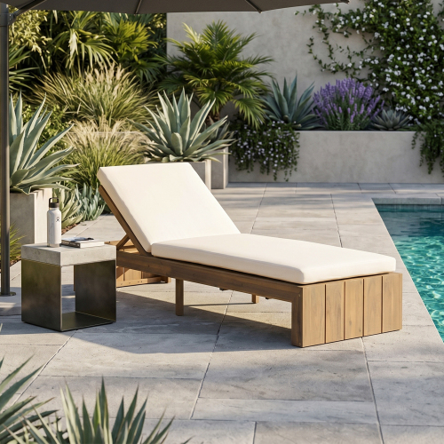 76.3-Inch Light Teak Acacia Wood Chaise Lounge with Beige Cushion