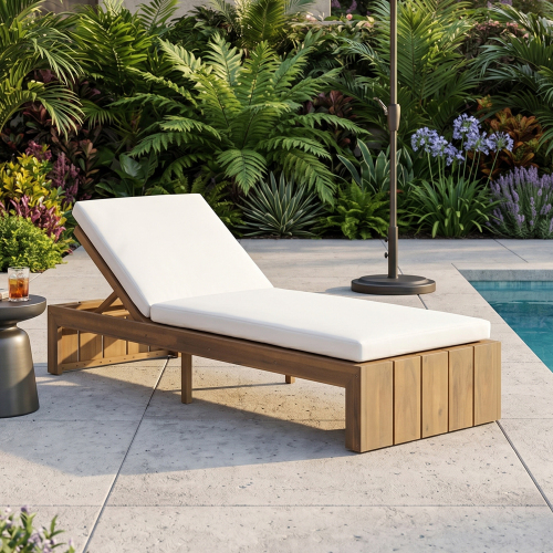 Light Teak Acacia Wood Adjustable Chaise Lounge with White Cushion