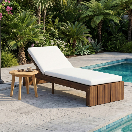 Adjustable Mocha Acacia Wood Outdoor Chaise with White Foam Cushion