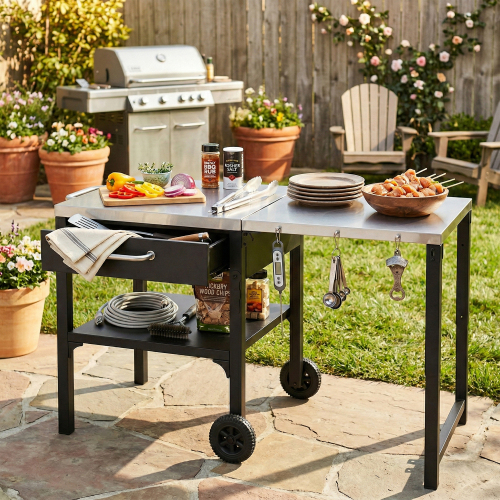 Black Iron Folding Outdoor Kitchen Cart with Storage, 73.8 Inch