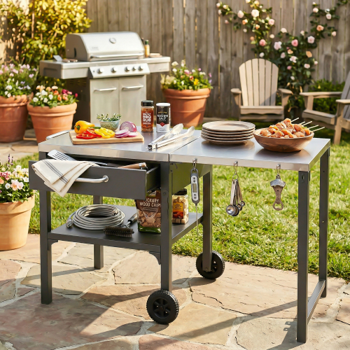 73.8-Inch Gray Iron Foldable Outdoor Kitchen Cart with Storage