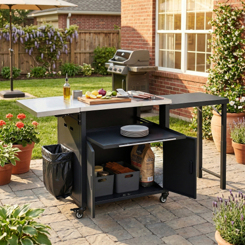 73.8-Inch Black Iron Foldable Outdoor Prep Station with Storage