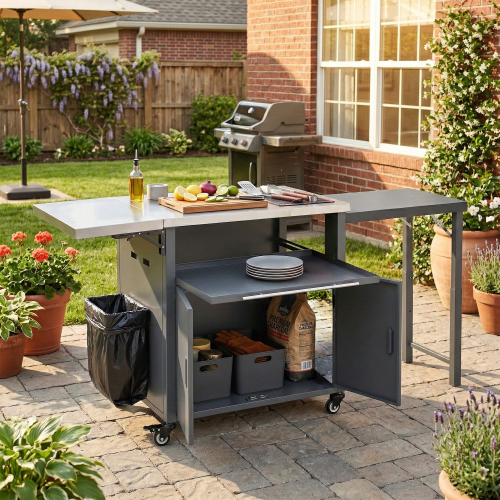 Gray Iron Foldable Outdoor Prep Station & Grill Cart, 73.8 Inch